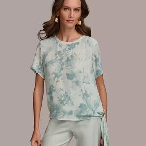 Donna Karan New York Mint Floral Side Tie Blouse Size Large